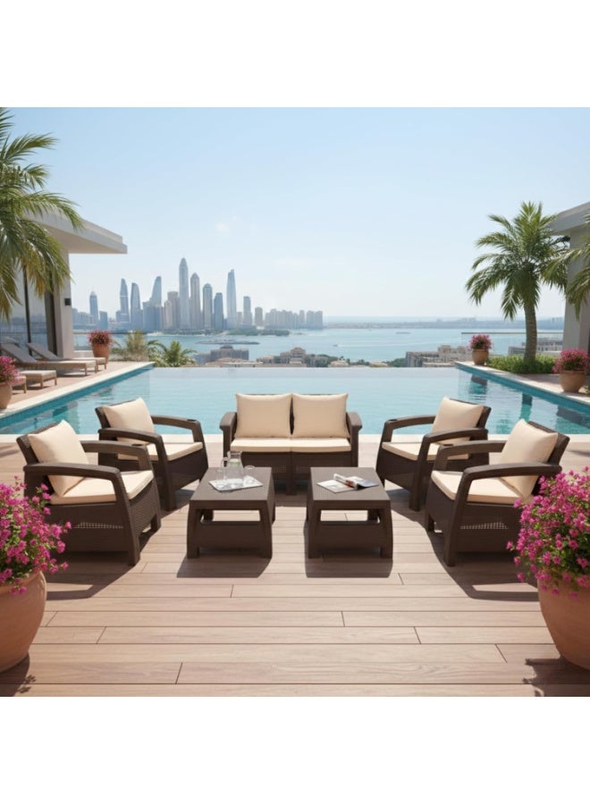 ماركولو طقم أريكة خارجية لـ 6 أشخاص - مقاعد من البلاستيك بلون بني داكن بتصميم يشبه الروطان، مع وسائد للمقاعد والظهر، وطاولتي قهوة، وحاملات أكواب مدمجة، أثاث مقاوم للعوامل الجوية مناسب للفناء والحديقة. - Image 2